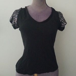 Black tee with sequin sleeves